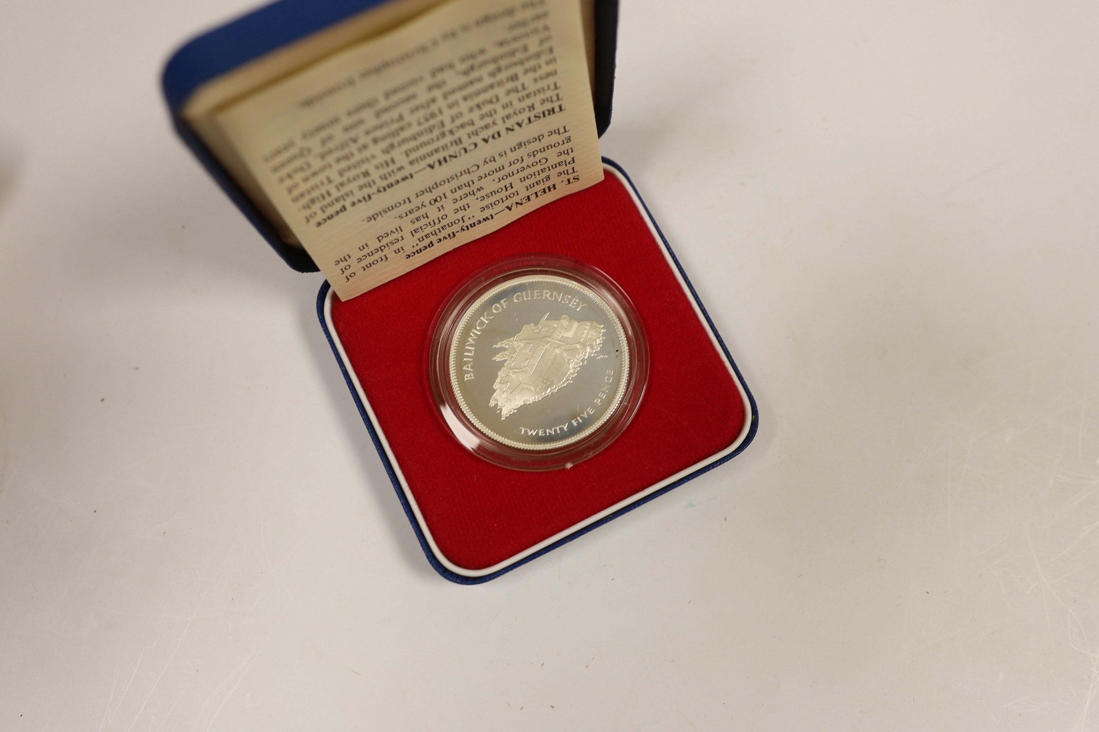British and Commonwealth QEII proof silver commemorative coins, comprising twenty five pence coins 1977, five for Bailiwick of Guernsey, five for Tristan Da Cunha, five for Bailiwick of Jersey, three for Falkland Islands